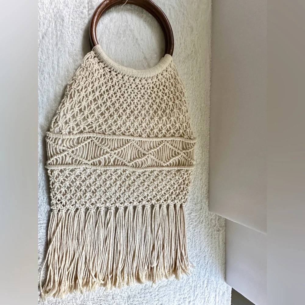 Macrame Crochet Handbag Woven Purse Wood Ring Handles Fringe Boho Bag NEW
